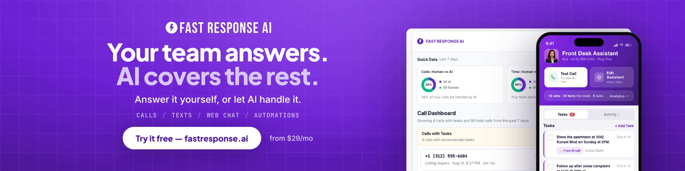 Fast Response AI — your team answers, AI covers the rest. Calls, texts, web chat and automations, from $29 a month.